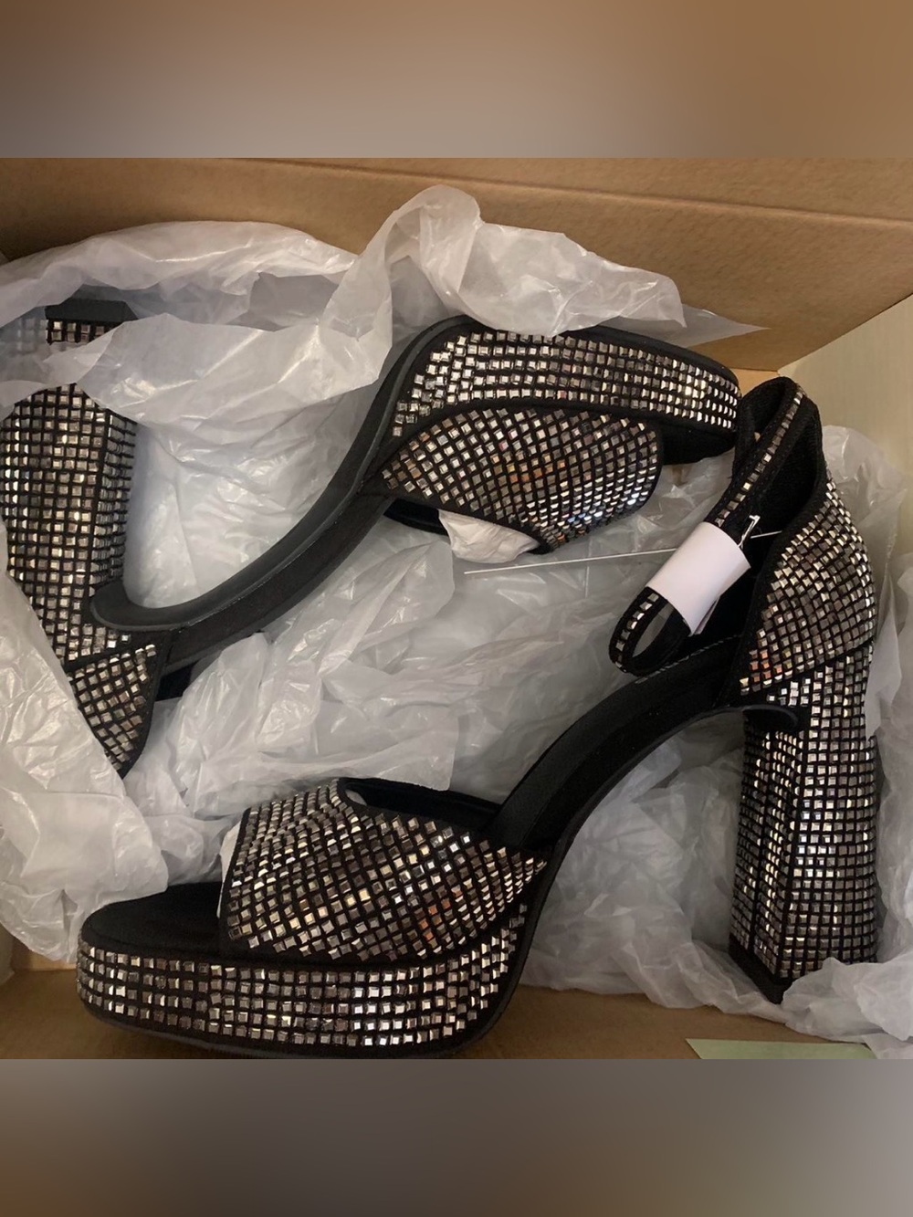 Black Crystal-Embellished Platform Block Heel Sandals